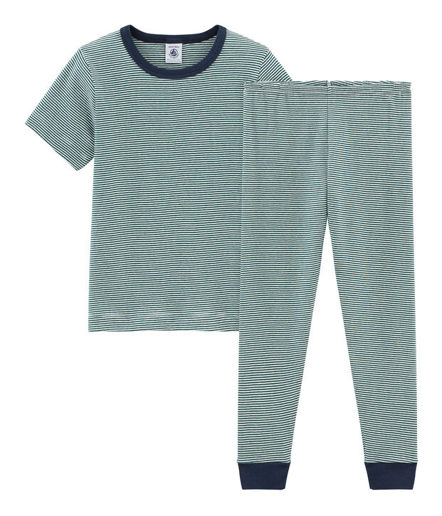 Pyjama &agrave; manches courtes petit gar&ccedil;on en c&ocirc;te vert/blanc