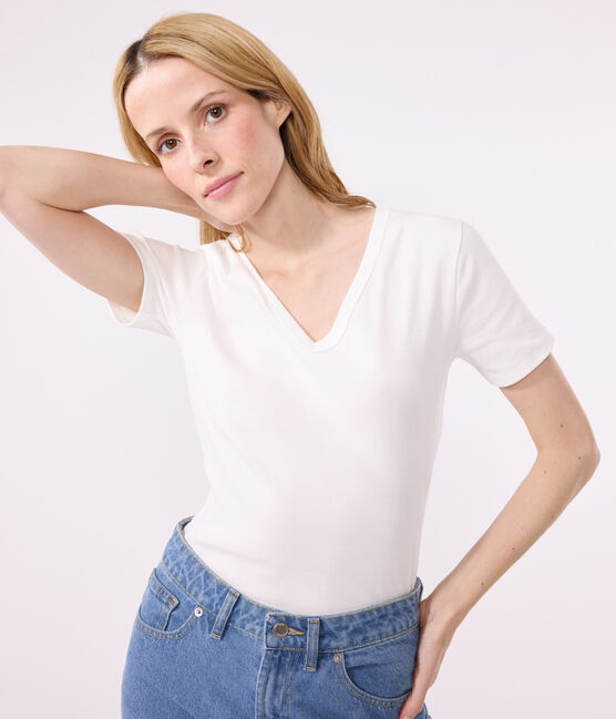 Tee-shirt l'Iconique manches courtes en côte unie femme blanc ECUME