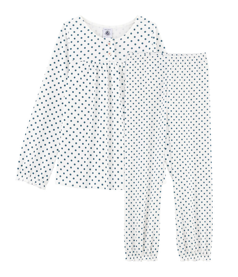 Pyjama petite fille en c&ocirc;te blanc/vert