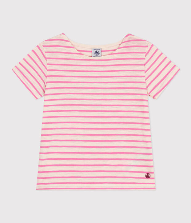 Tee-shirt ray&eacute; en jersey flamm&eacute; enfant fille &eacute;cru/rose