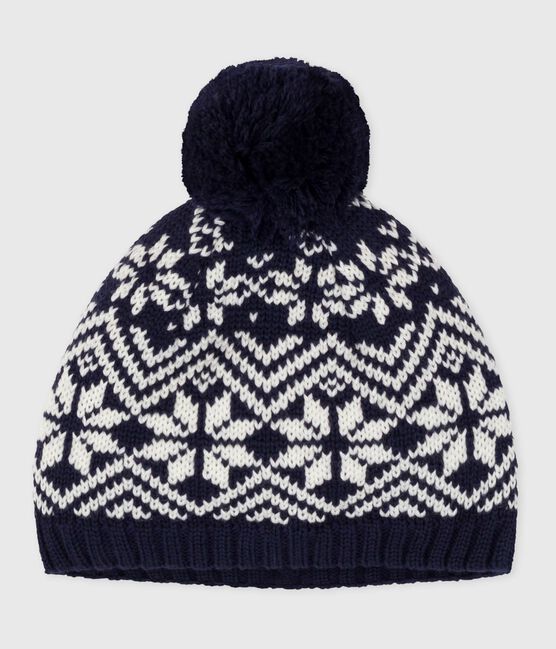 Bonnet bébé jacquard en laine bleu SOIR/ MARSHMALLOW