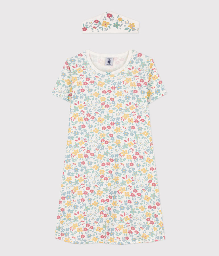 Chemise de nuit fleurs avec couronne en coton petite fille blanc MARSHMALLOW/blanc MULTICO