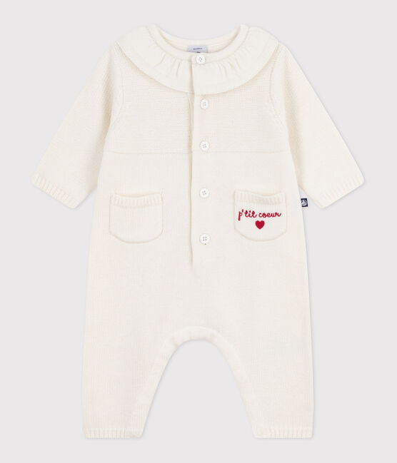 Combinaison bébé à col en tricot et broderie "P'tit Cœur" blanc MARSHMALLOW