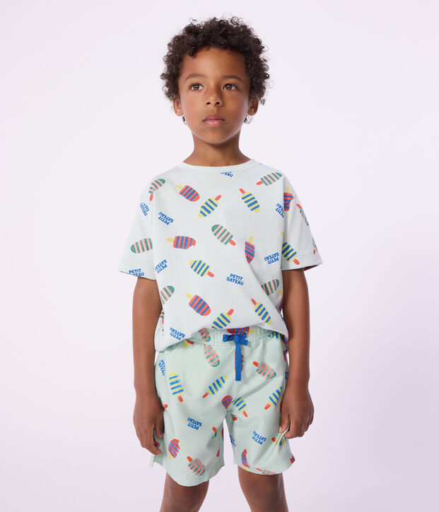 Tee-shirt enfant manches courtes en coton imprim&eacute; mouettes bleu/multicouleur