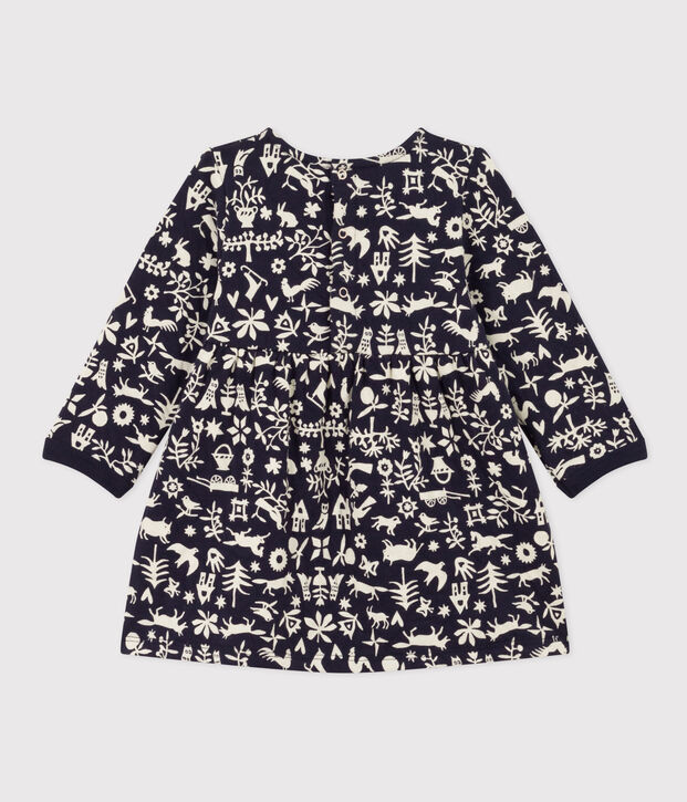 Robe manches longues en tubique matelass&eacute; imprim&eacute; b&eacute;b&eacute; bleu/&eacute;cru