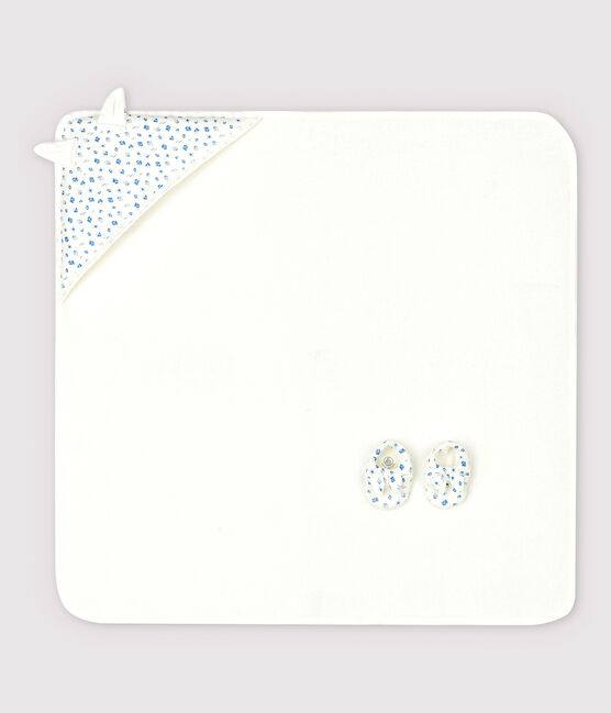 Coffret carré de bain et chaussons bébé en éponge et coton biologique blanc MARSHMALLOW/bleu COOL