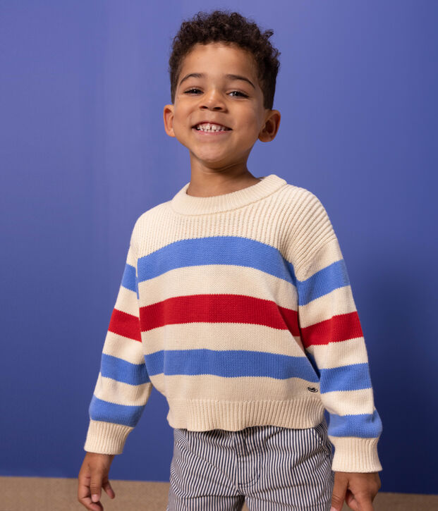 Pull ray&eacute; en coton enfant fille / gar&ccedil;on &eacute;cru/bleu/rouge