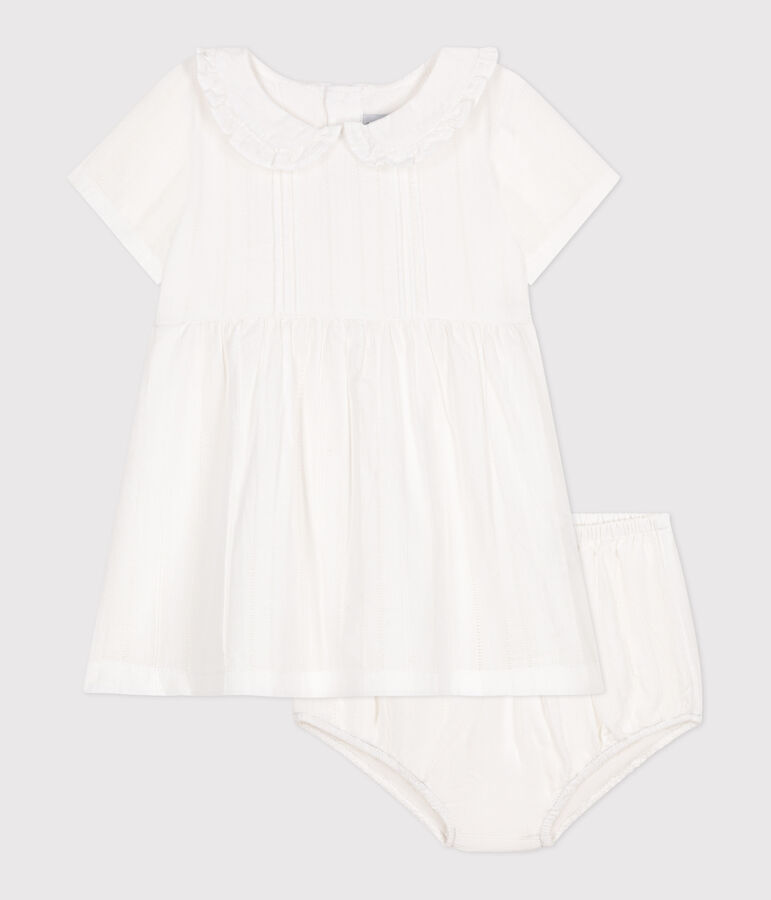 Robe blanche b&eacute;b&eacute; en coton, bloomer et leurs d&eacute;tails ajour&eacute;s blanc ECUME