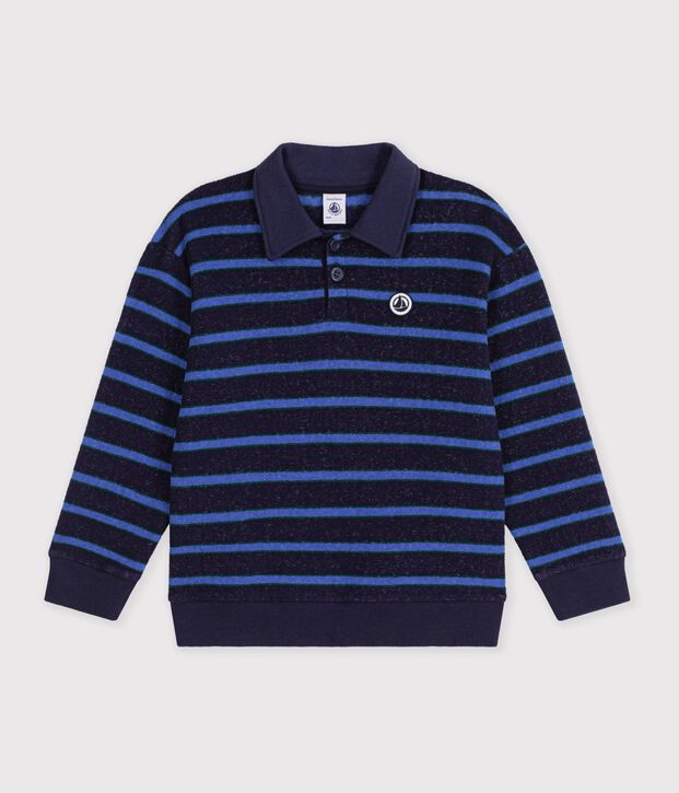 Sweatshirt col polo enfant en coton &agrave; rayures bleu/vert/bleu