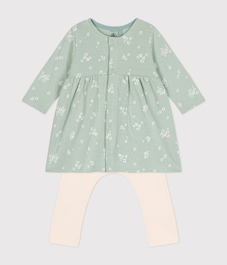 Robe et legging en coton b&eacute;b&eacute; vert HERBIER/blanc MULTICO