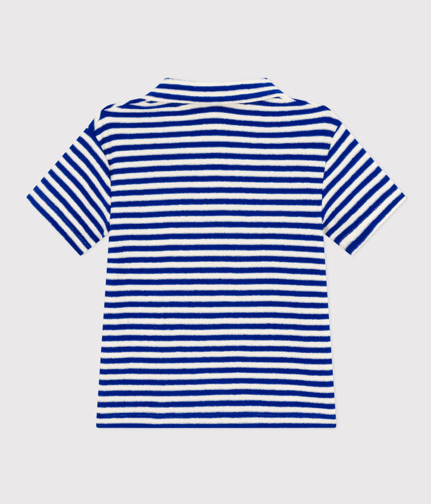 Polo manches courtes en bouclette &eacute;ponge enfant gar&ccedil;on bleu/&eacute;cru