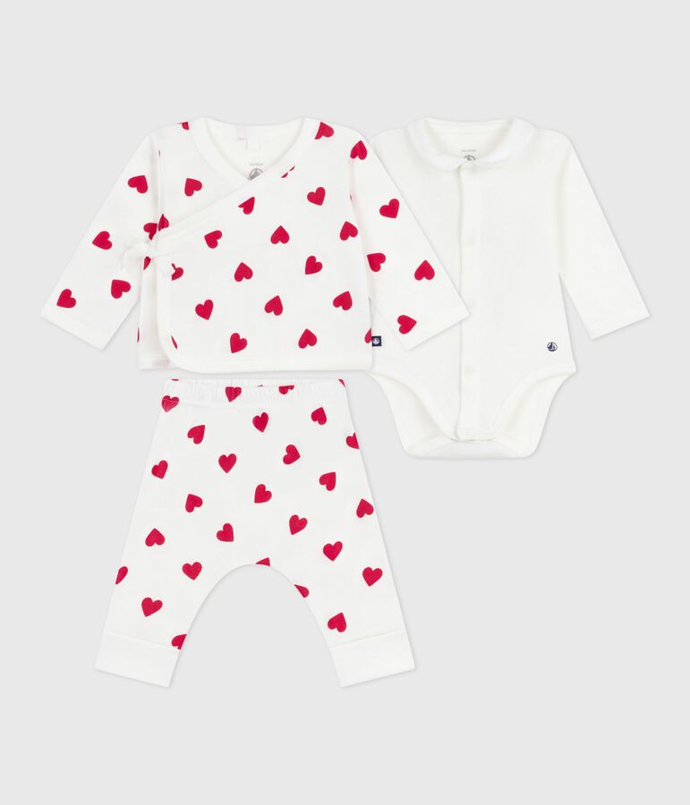 Ensemble b&eacute;b&eacute; 3 pi&egrave;ces cache-coeur imprim&eacute; c&oelig;urs en coton blanc MARSHMALLOW/rouge TERKUIT