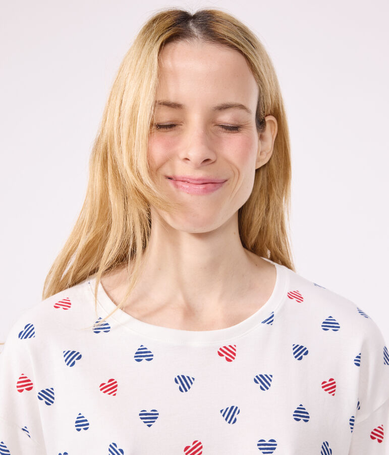 Pyjama femme en coton imprim&eacute; c&oelig;urs blanc MARSHMALLOW/blanc MULTICO