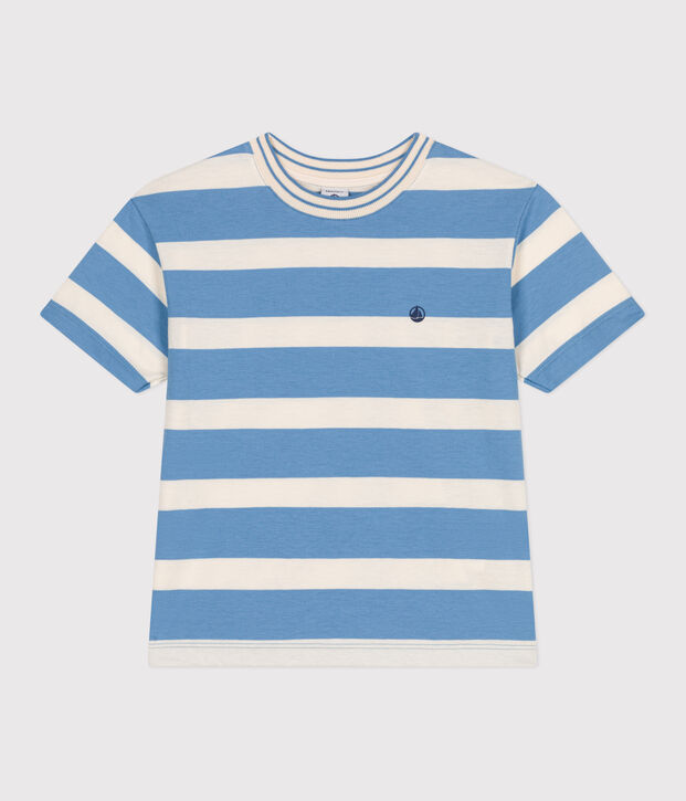 Tee-shirt enfant en coton manches courtes &agrave; rayures bleu/&eacute;cru