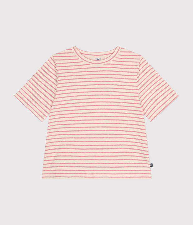 Tee-shirt le Boxy en tubique femme &eacute;cru/rose