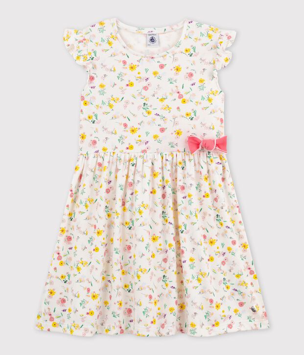 Robe manches courtes en coton enfant fille blanc/multicouleur