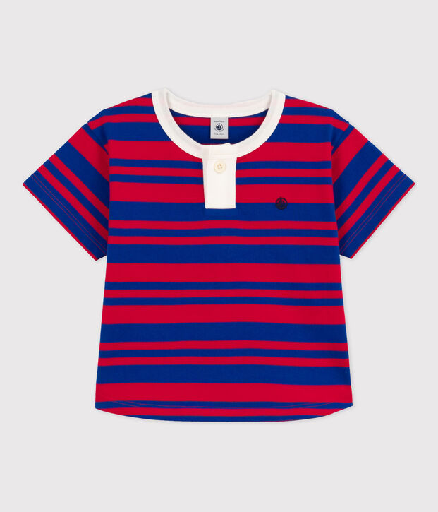 Tee-shirt ray&eacute; en coton enfant fille bleu/rouge