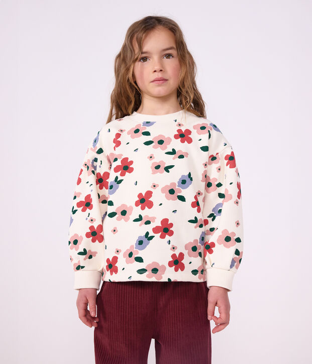 Sweatshirt enfant en coton imprim&eacute; fleurs &eacute;cru/multicouleur
