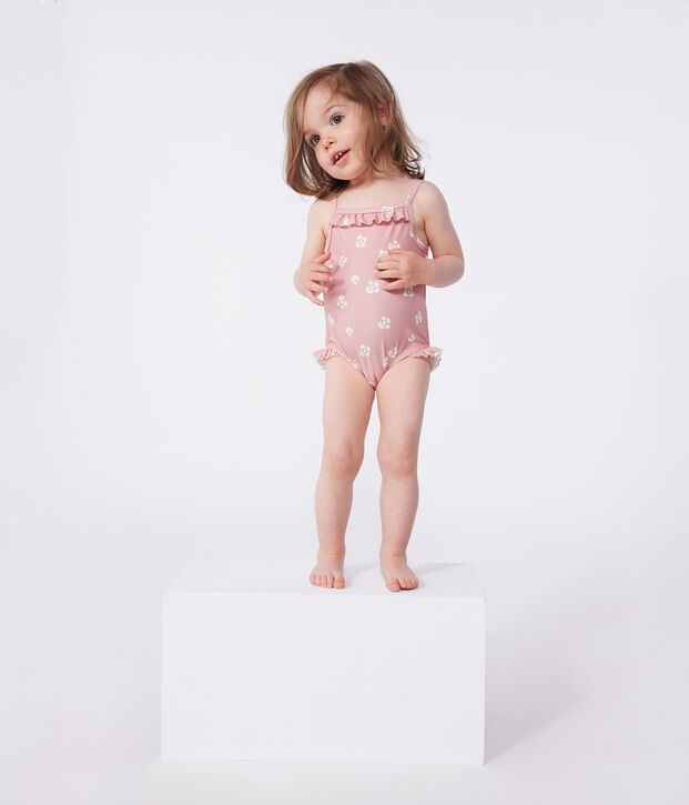 Maillot de bain b&eacute;b&eacute; une pi&egrave;ce &agrave; volants, imprim&eacute; fleuri rose/blanc