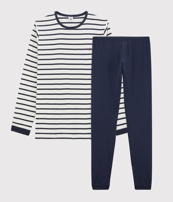Pyjama marinière petit garçon en coton blanc MARSHMALLOW/bleu SMOKING