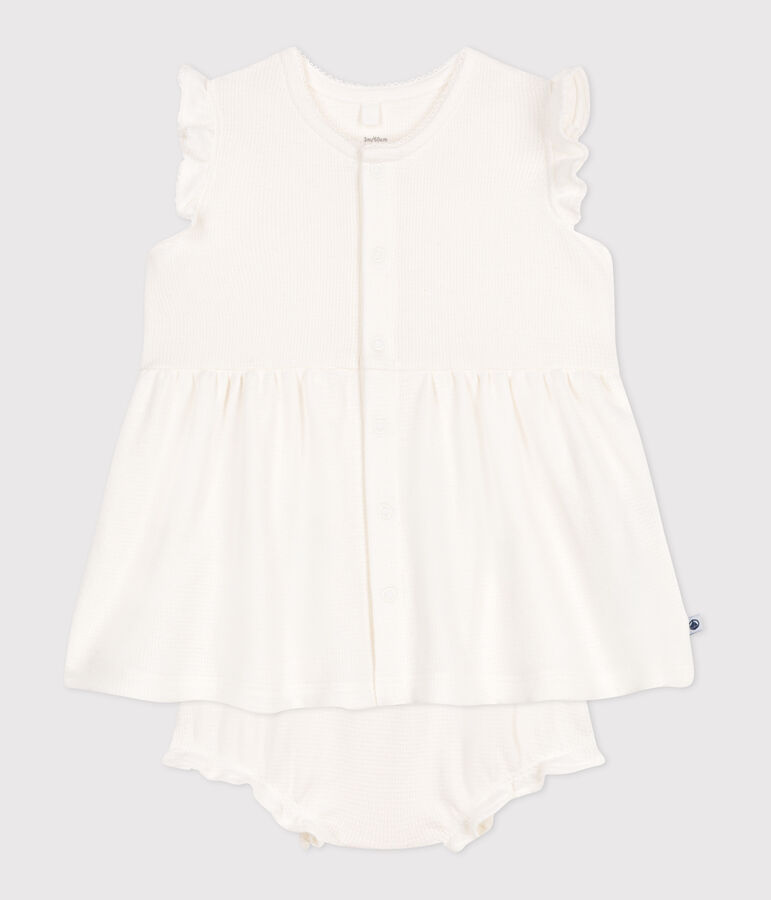 Robe blanche b&eacute;b&eacute; en nid d'abeille &agrave; manches courtes et bloomer blanc MARSHMALLOW