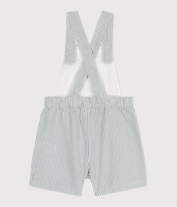 Salopette b&eacute;b&eacute; en coton jambes courtes, ray&eacute;e blanc/vert
