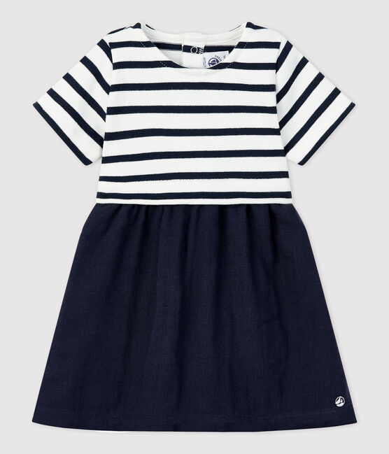 Robe bi-matière en gaze de coton et jersey épais bio bébé blanc MARSHMALLOW/bleu SMOKING