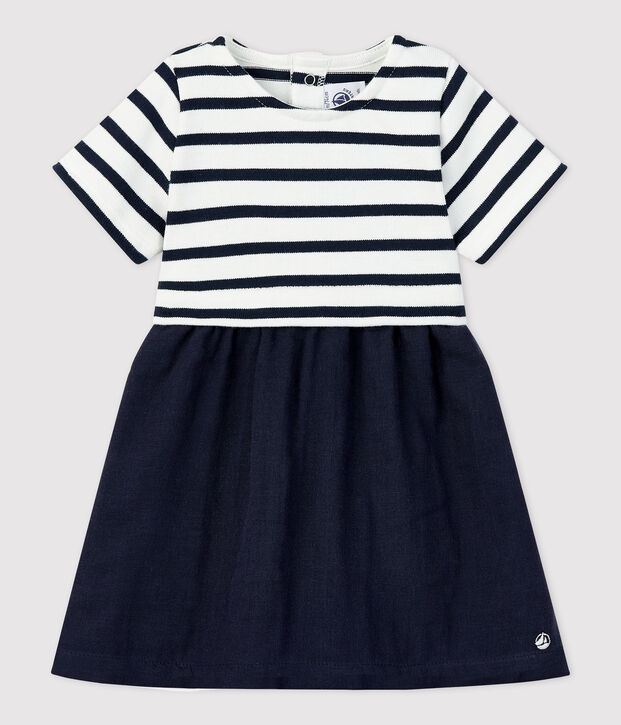 Robe bi-mati&egrave;re en gaze de coton et jersey &eacute;pais bio b&eacute;b&eacute; blanc/bleu