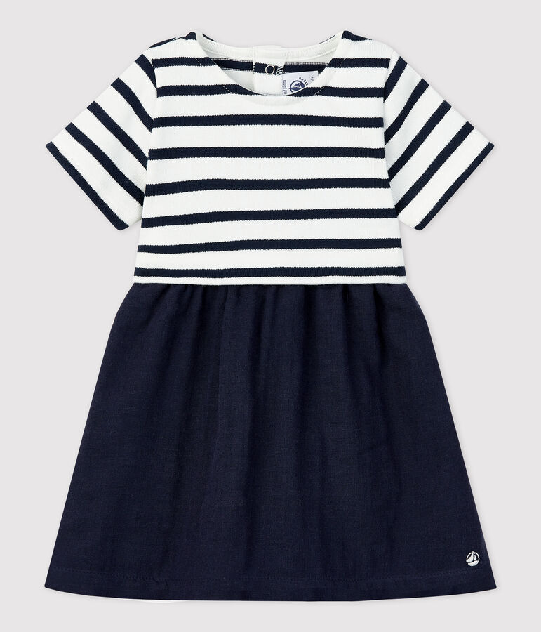 Robe bi-mati&egrave;re en gaze de coton et jersey &eacute;pais bio b&eacute;b&eacute; blanc MARSHMALLOW/bleu SMOKING