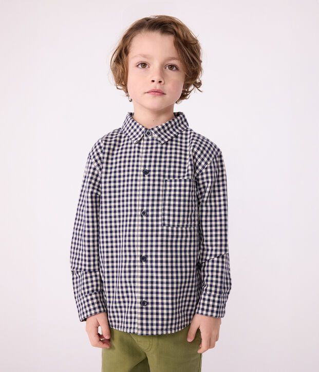 Chemise enfant en coton &agrave; carreaux bleu/&eacute;cru