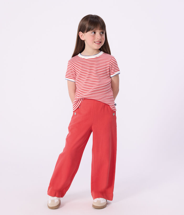 Tee-shirt enfant manches courtes en coton &agrave; rayures rouge POMPIER/ MARSHMALLOW