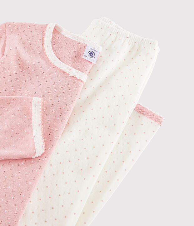 Pyjama rose &agrave; pois petite fille en c&ocirc;te troutrou blanc/rose