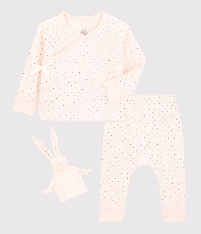 Ensemble 3 pi&egrave;ces rose b&eacute;b&eacute; fille en coton biologique rose/bleu