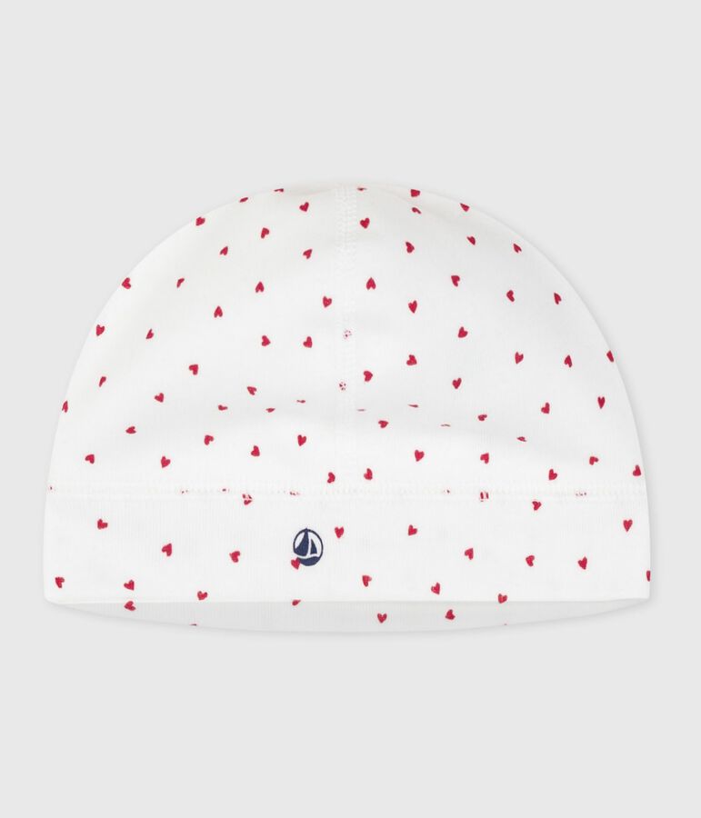 Bonnet naissance en coton imprim&eacute; c&oelig;urs blanc MARSHMALLOW/rouge TERKUIT