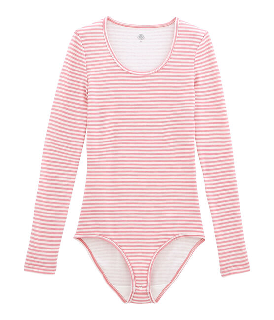 Body coton et laine pour femme rose CHEEK/blanc MARSHMALLOW