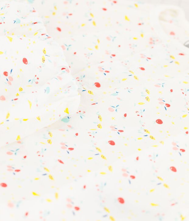 Robe manches courtes fruit&eacute;e avec bloomer b&eacute;b&eacute; fille en tubique chaine et trame en coton biologique blanc/multicouleur