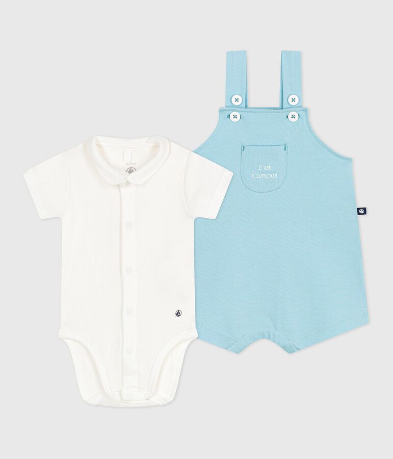 Ensemble naissance salopette et body en coton bleu AQUATIC