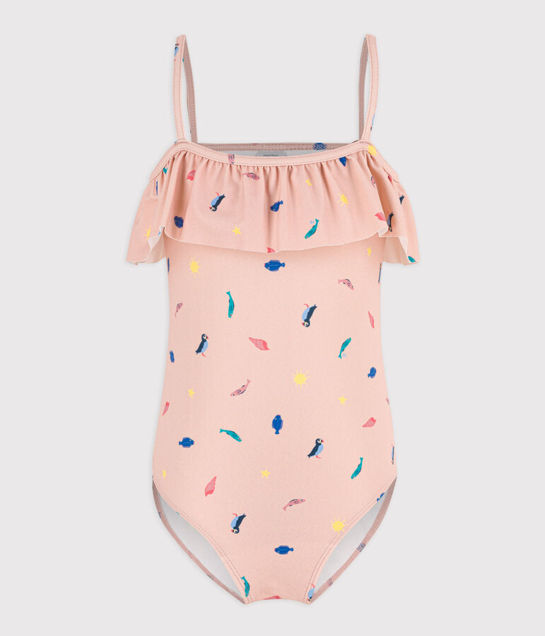 Maillot de bain 1 pi&egrave;ce imprim&eacute; enfant fille rose SALINE/blanc MULTICO