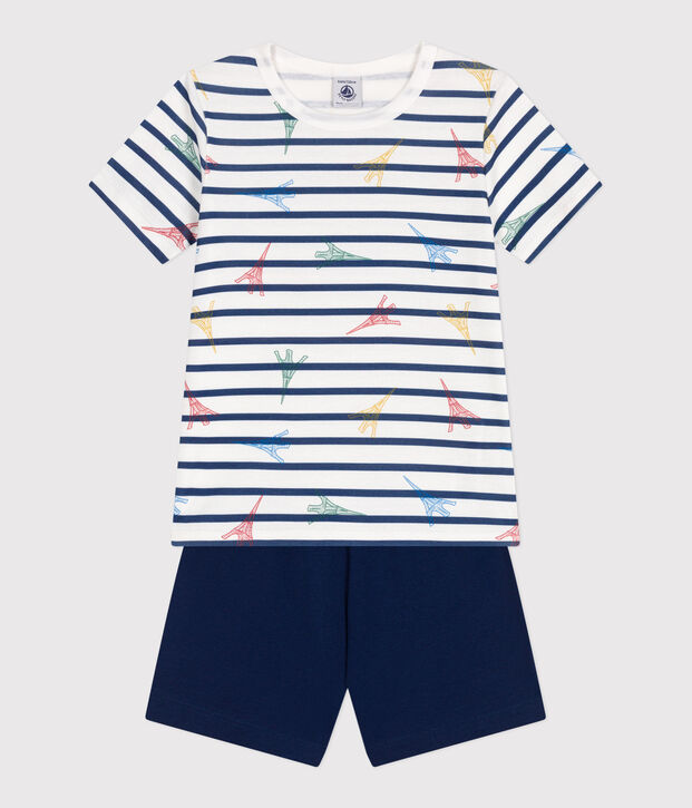 Pyjama short enfant en coton imprim&eacute; Paris bleu/multicouleur