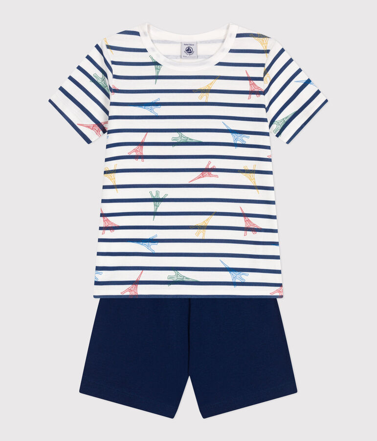 Pyjama short enfant en coton imprim&eacute; Paris bleu MEDIEVAL/blanc MULTICO