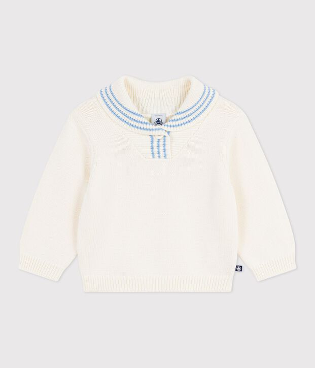 Pull b&eacute;b&eacute; en coton &agrave; col ch&acirc;le ray&eacute; blanc cass&eacute;