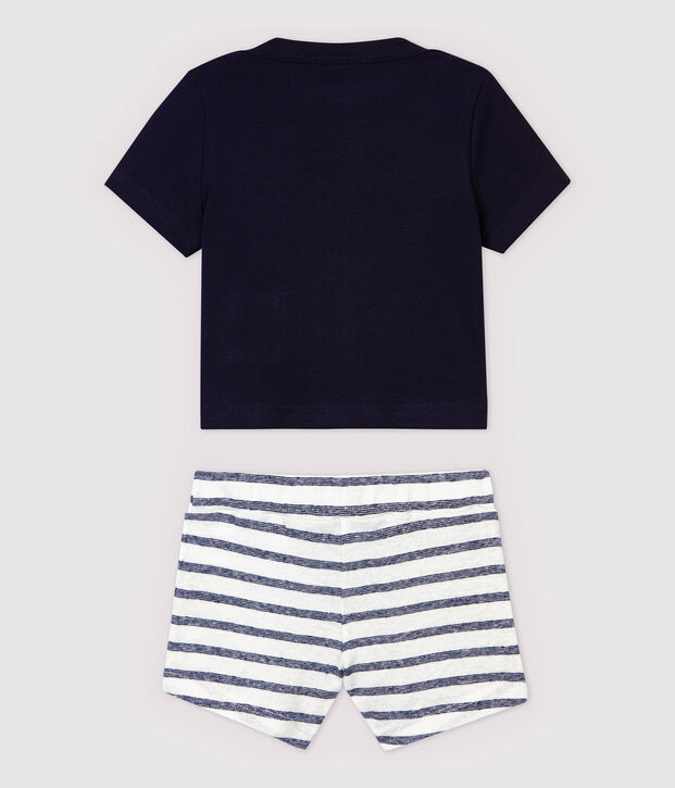 Ensemble tee-shirt/short en coton lin b&eacute;b&eacute; gar&ccedil;on bleu/blanc
