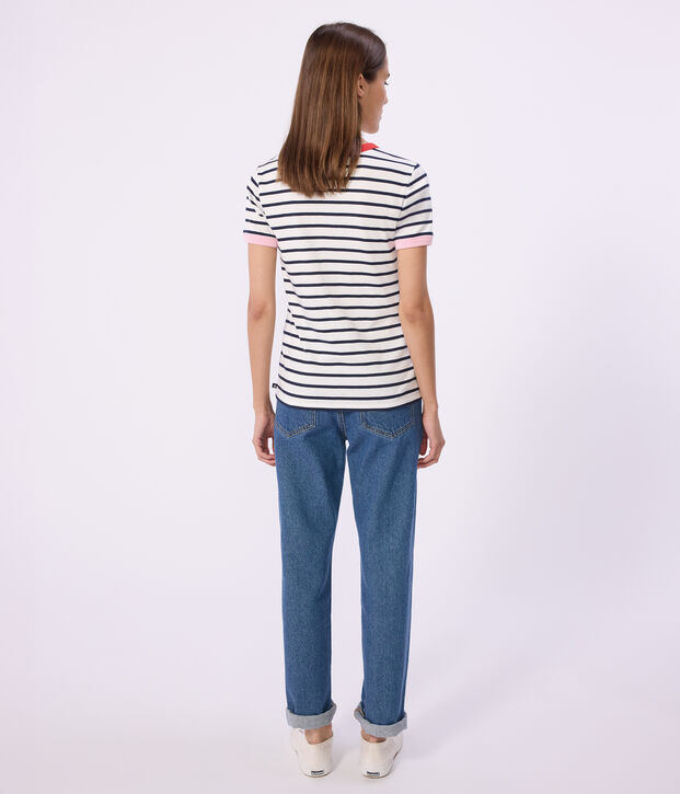 Tee-shirt femme en coton manches courtes blanc/bleu
