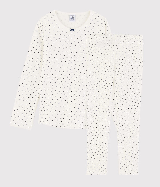 Pyjama à petits cœurs petite fille en coton blanc MARSHMALLOW/bleu MEDIEVAL