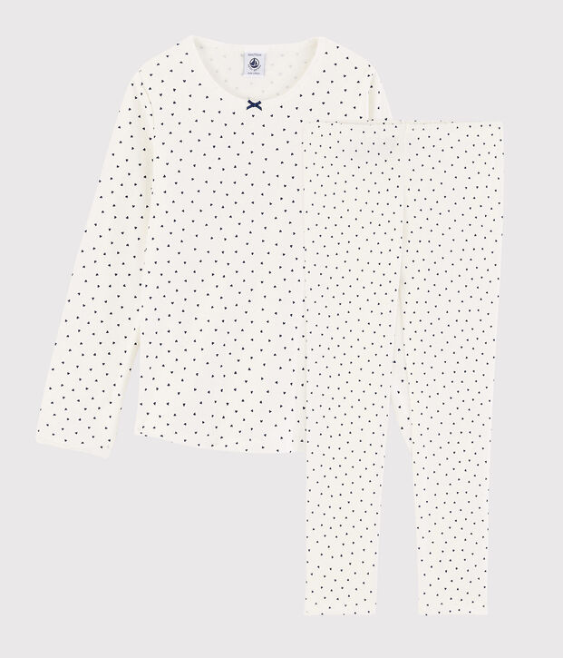 Pyjama &agrave; petits c&oelig;urs petite fille en coton blanc/bleu