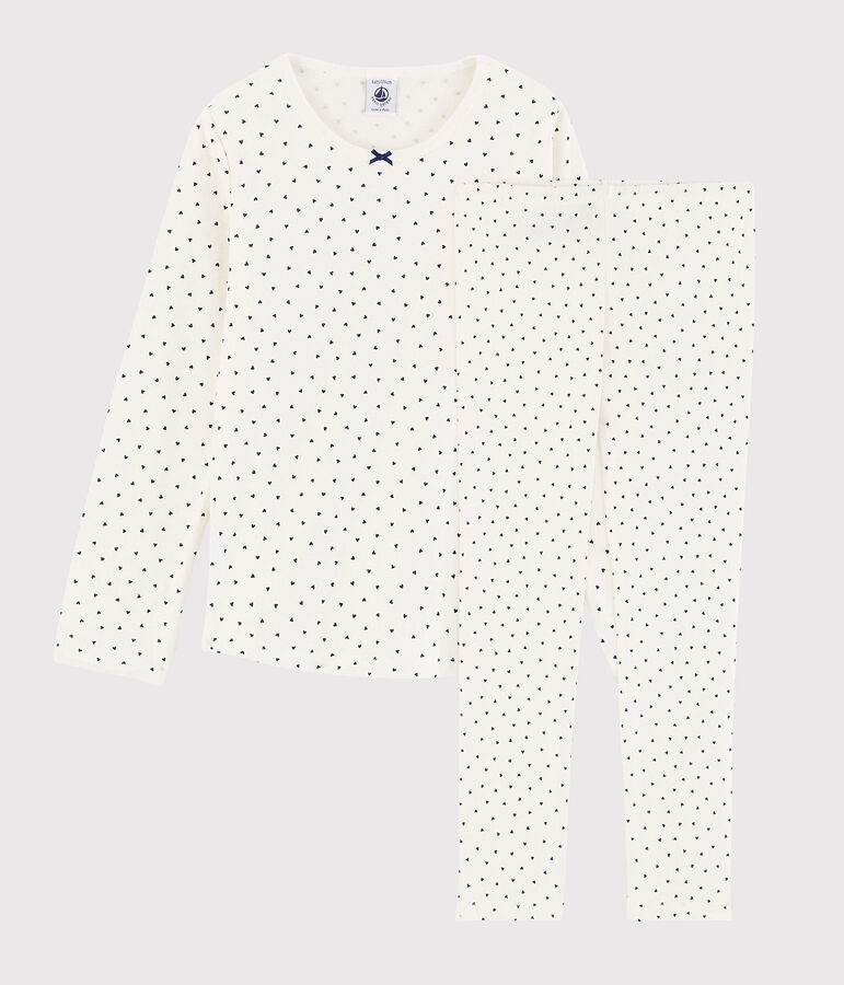 Pyjama &agrave; petits c&oelig;urs petite fille en coton blanc/bleu