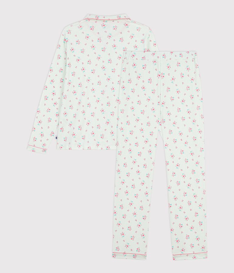 Pyjama boutonn&eacute; femme en coton imprim&eacute; blanc MARSHMALLOW/blanc MULTICO