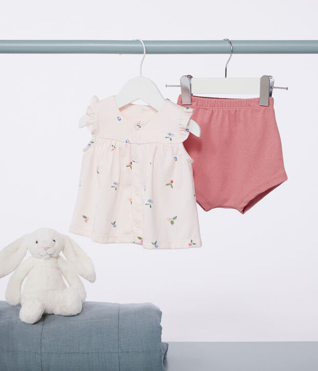 Ensemble naissance deux pi&egrave;ces en coton avec blouse volant&eacute; rose/multicouleur