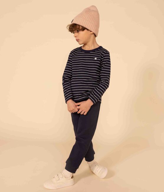 Tee-shirt manches longues en coton enfant garçon bleu SMOKING/blanc MARSHMALLOW