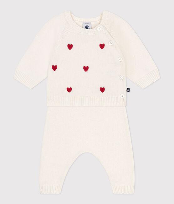 Ensemble 2 pièces bébé en tricot et cœurs brodés rouge MARSHMALLOW/ POMPEI